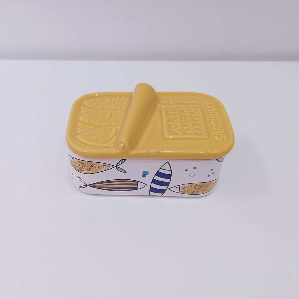 Hand-painted Portuguese Ceramic Soap Box, with colorful sardines painted all over the piece