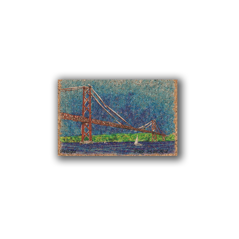 The New Jamp "25th April Painting on Cork - Fridge Magnet" features a textured scene of a suspension bridge over a river with a sailboat, green trees, and a blue sky, adding cultural flair to your fridge.