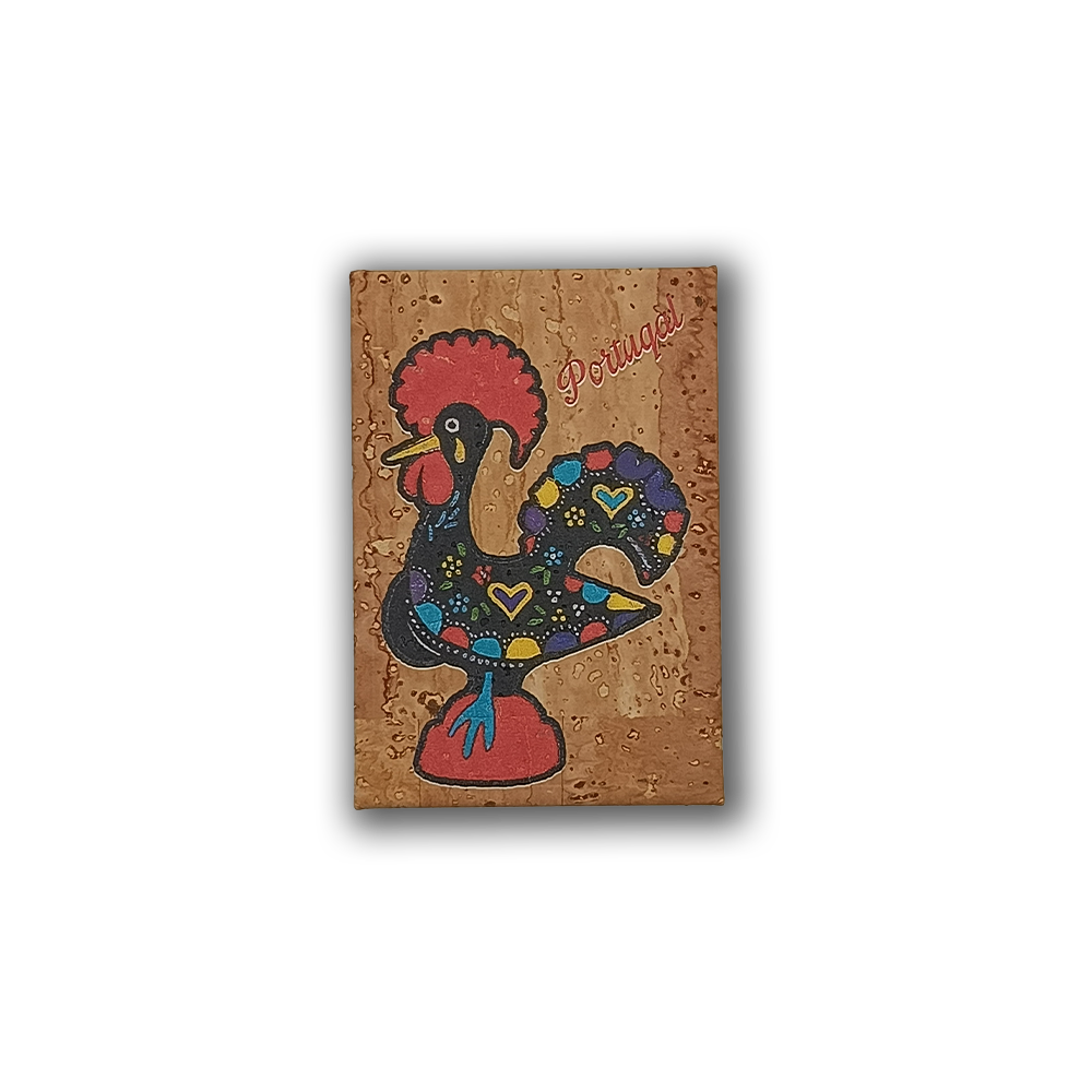 The Barcelos Rooster - Fridge Magnet by New Jamp features a colorful rooster with hearts and "Portugal" in red script. This eco-friendly cork magnet, edged in black with a red base, is a perfect souvenir of Portugal’s vibrant spirit.
