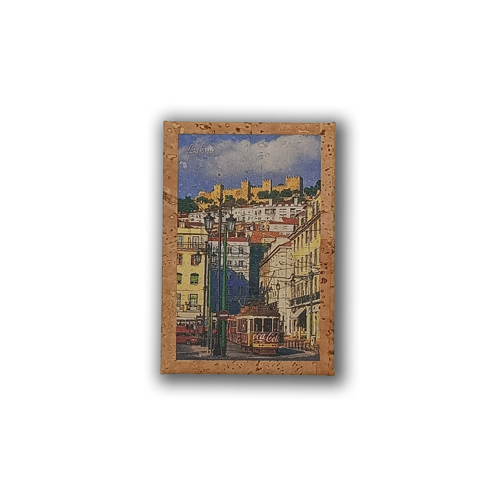 The New Jamp Iconic Tram - Cork Fridge Magnet features a vibrant Lisbon street scene with the Bica Lift, pastel buildings, a hilltop castle, and blue sky, all bordered by an eco-friendly cork frame.