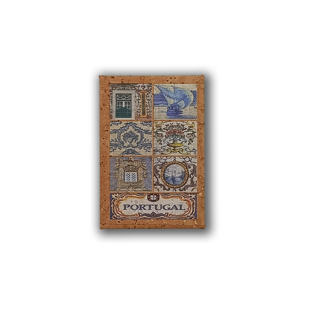The New Jamp Portuguese Tiles - Cork Fridge Magnet features six colorful tiles with traditional Portuguese designs, including a house, sailing boat, rooster, Lisbon trams, ornate building, and "Portugal" at the bottom.