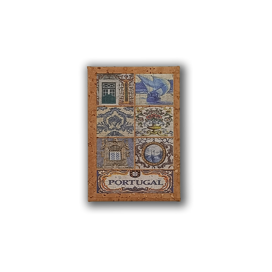 The New Jamp Portuguese Tiles - Cork Fridge Magnet features six colorful tiles with traditional Portuguese designs, including a house, sailing boat, rooster, Lisbon trams, ornate building, and "Portugal" at the bottom.