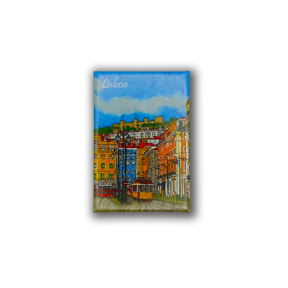 The New Jamp Lisbon Painting - Fridge Magnet features a colorful illustration of Lisbon’s vibrant buildings, yellow tram, and blue sky with "Lisboa" at the top—an ideal gift or souvenir for Portugal lovers.