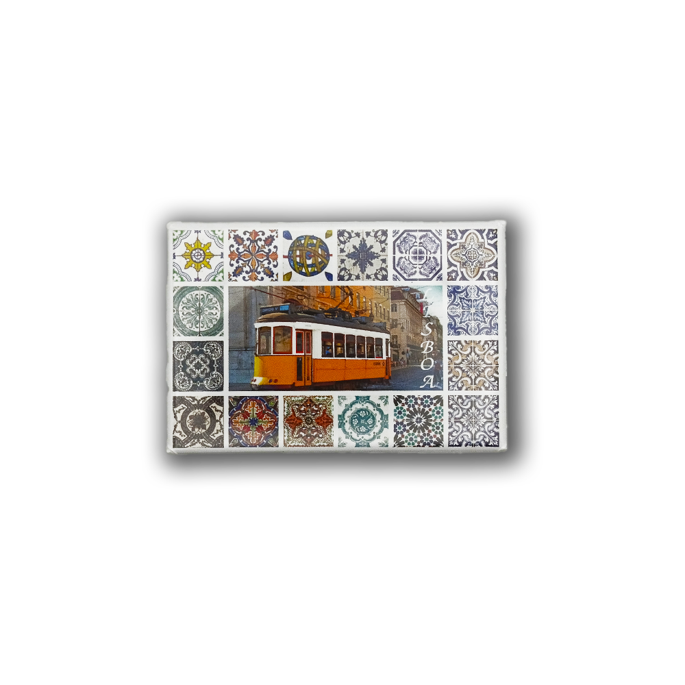 New Jamp's Lisbon Tiles - Fridge Magnet showcases an orange tram in Lisbon, framed by vibrant Portuguese tile patterns—a charming tribute to Portuguese culture and the city's artistry.