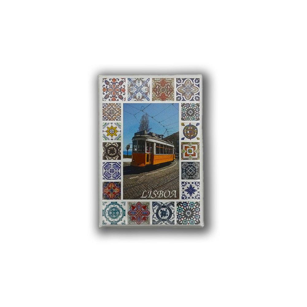 The New Jamp Portuguese Tiles - Fridge Magnet features a yellow Lisbon tram labeled "Lisboa," framed by vibrant ceramic tile patterns on a sleek black background.