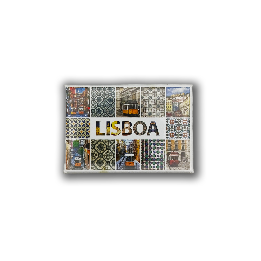 The Pieces of Lisbon - Fridge Magnet by New Jamp features vibrant Portuguese ceramic tiles, a classic city tram, and "LISBOA" in bold letters, capturing the charm of Lisbon.