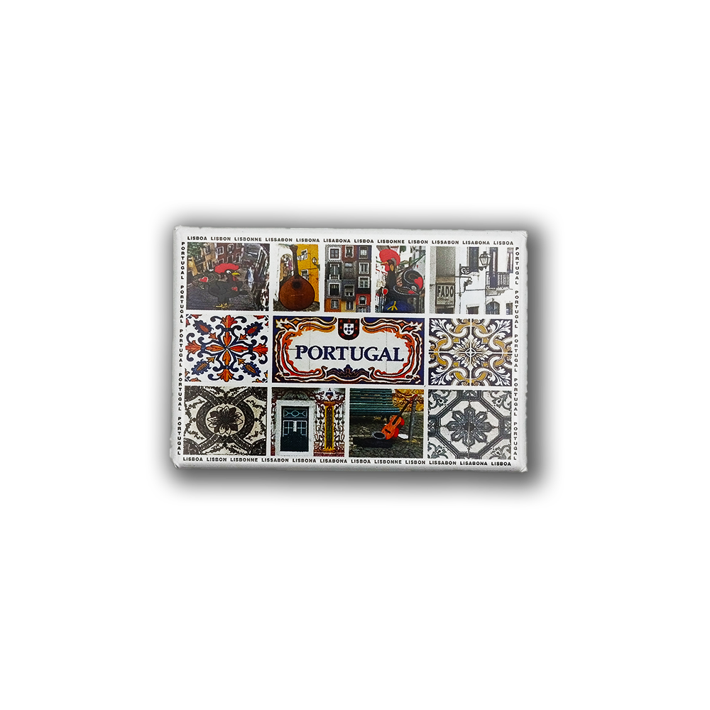 The New Jamp Barcelos & Tiles - Fridge Magnet showcases "Portugal" at its center, surrounded by vibrant images of iconic Lisbon tiles, trams, architecture, and traditional symbols in a colorful grid design.