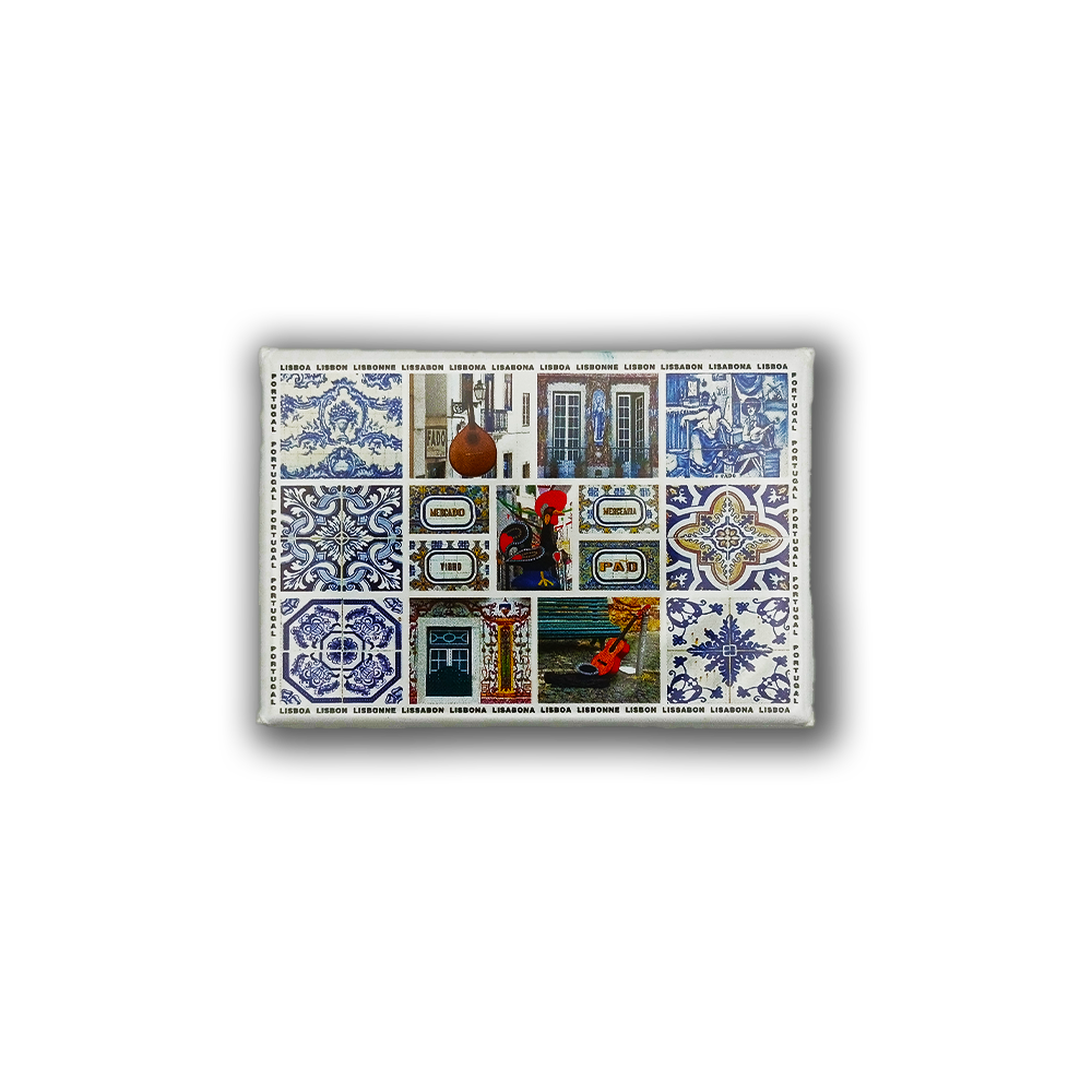 The New Jamp "Portuguese Art" fridge magnet showcases blue and white ceramic tile patterns, the iconic Barcelos rooster, and illustrated scenes of Lisbon with famous landmarks and streetcars.