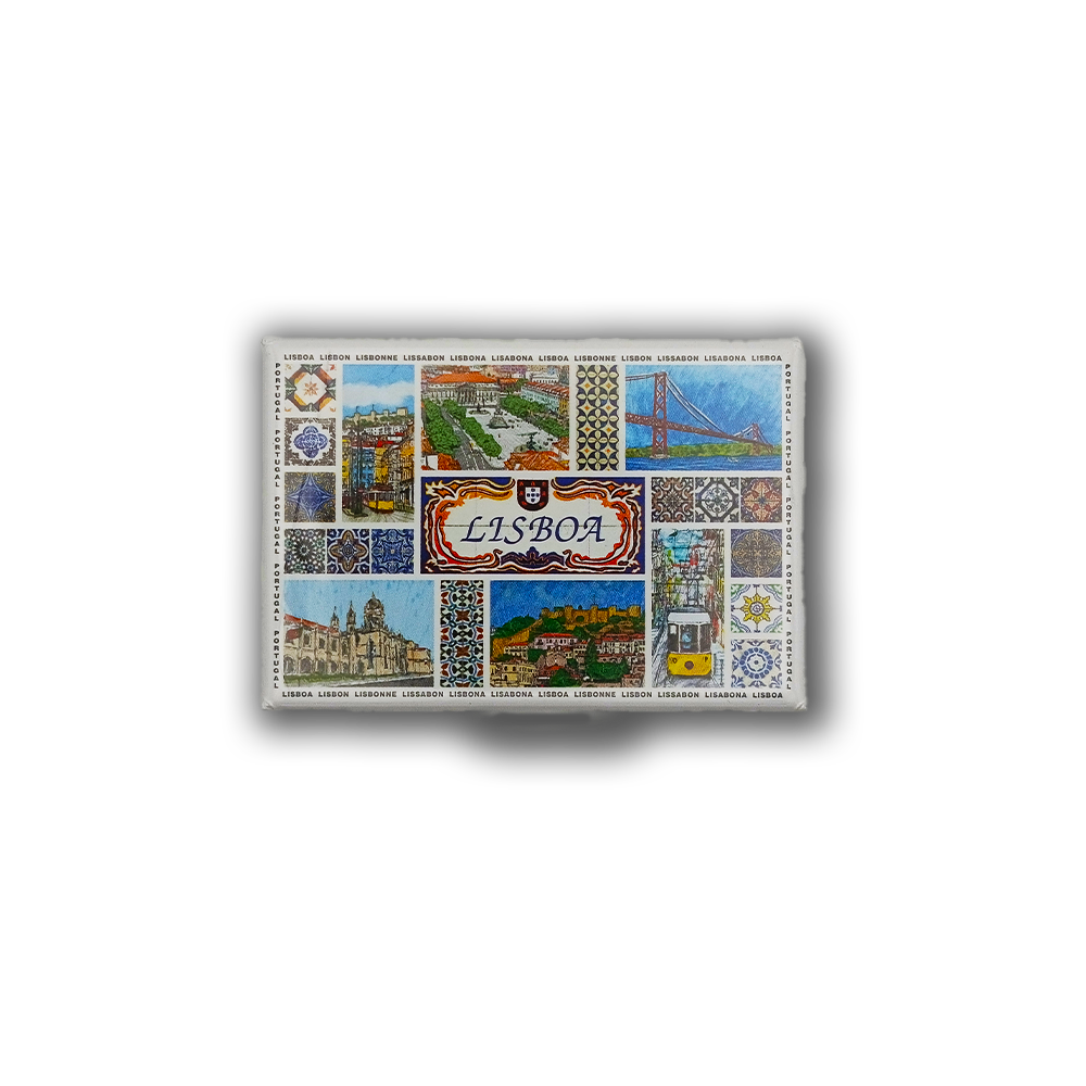 The New Jamp "Painting & Tiles - Fridge Magnet" features Lisbon landmarks, a tram, and ceramic tiles. "Lisboa" is central, surrounded by scenic art and touches of the iconic Barcelos rooster, celebrating Portuguese heritage.
