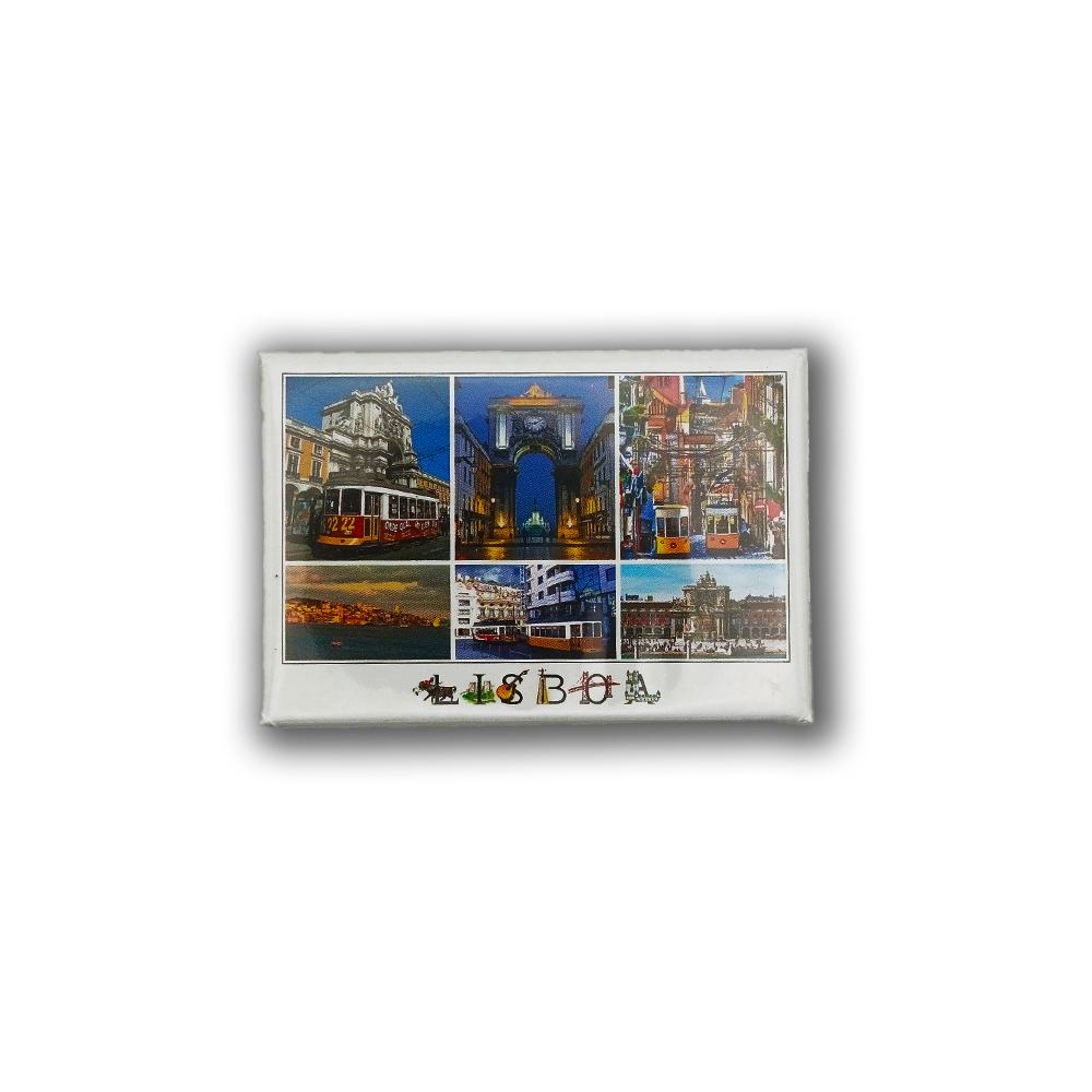 The Lisbon sights - Fridge Magnet by New Jamp features six small photos of landmarks, trams, and city streets with "Lisboa" below. Charming icons and a colorful Barcelos rooster capture Portuguese culture in the vibrant design.