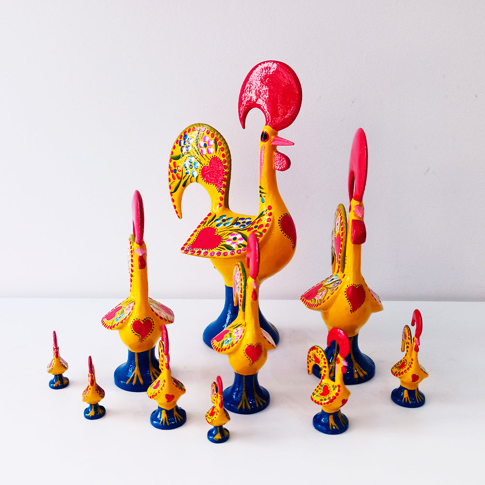 Hand-made and hand-painted Barcelos Roosters, with the Typical painting style of the reason of Barcelos, Portugal.