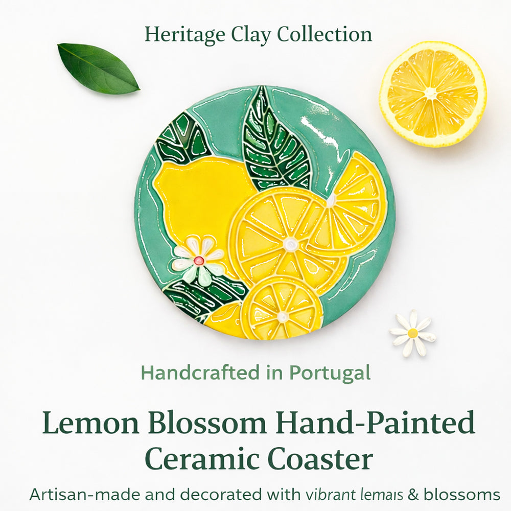 The Lemon Blossom Hand-Painted Ceramic Coaster by Miradouro Ceramics features vibrant yellow lemons, green leaves, and white blossoms. Handcrafted Portuguese artisan homeware.