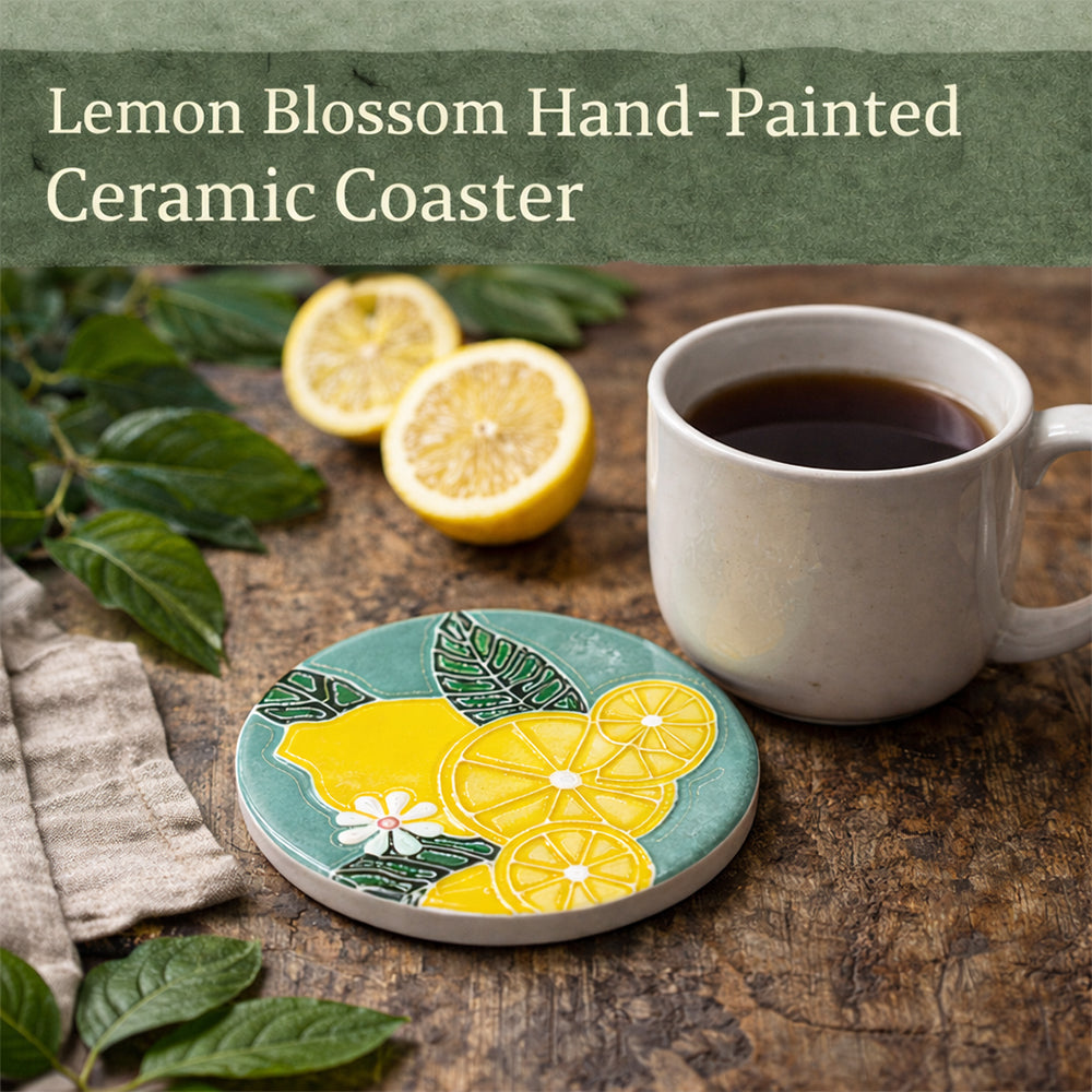 A Miradouro Ceramics Lemon Blossom Hand-Painted Ceramic Coaster rests on a wooden table beside black coffee, a beige napkin, lemon halves, and green leaves. Text: “Lemon Blossom Hand-Painted Ceramic Coaster.”.