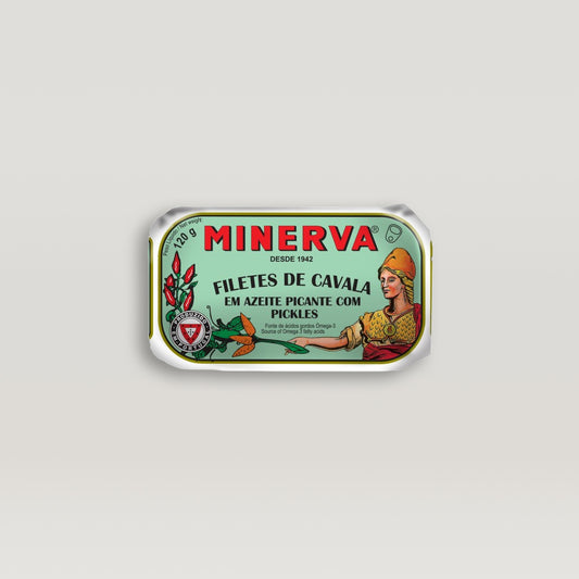 A tin with the word Minerva on it, containing Mackerel Fillets in Spiced Olive Oil with Pickles of superior quality.