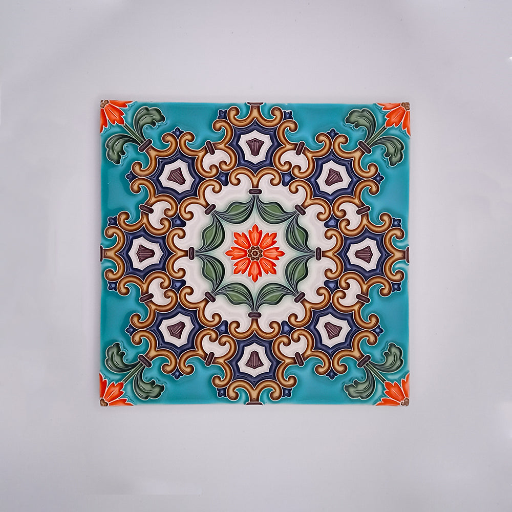 Imperial Decorative Wall Tiles from Tejo Shop featuring a symmetrical pattern with vibrant colors—turquoise background, purple, green, and orange accents, and a central red floral design.