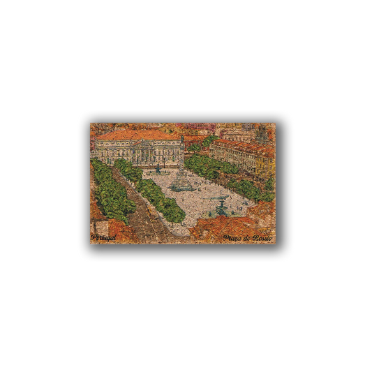 The Paiting of Rossio on Cork - Fridge Magnet by New Jamp features an orange-hued aerial view of Praça do Rossio in Lisbon, with a central fountain, trees, historic buildings, and trams, capturing Portugal's charm on natural cork.