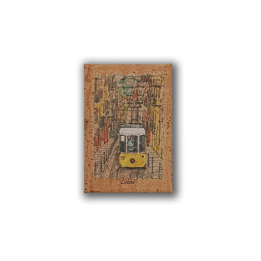 The "Painting of Lisbon's Tram on Cork - Fridge Magnet" by New Jamp features a yellow tram on a colorful street with "Lisboa" below, celebrating vibrant Lisbon—an ideal souvenir made from natural cork.