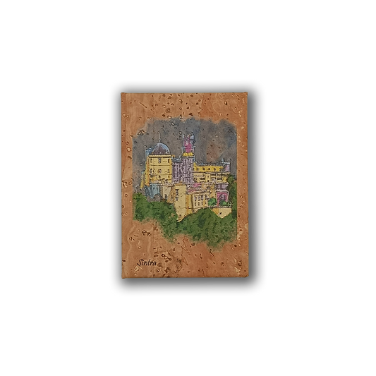 The New Jamp "Painting of the Pena Palace - Fridge Magnet" features a vibrant scene of domes, towers, and greenery on a brown textured background with "Sintra, Portugal" at the bottom—perfect for Lisbon-themed decor.