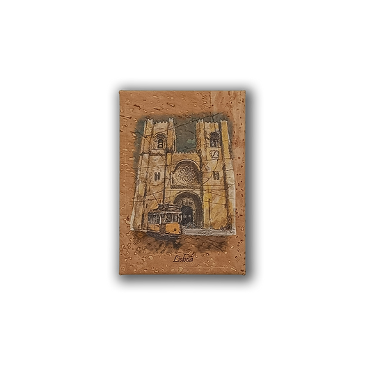 The New Jamp Lisbon Cathedral Painting on Cork Fridge Magnet features a yellow tram by the cathedral on a textured brown cork background, with “Lisboa” below, capturing the city’s charm in a stylish keepsake.