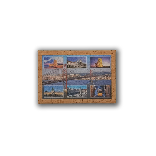 The New Jamp "Lisbon Site - Cork Fridge Magnet" features six iconic Lisbon landmarks, such as Belém Tower, 25 de Abril Bridge, Jerónimos Monastery, Cristo Rei statue, and a yellow tram—an ideal unique cork souvenir.