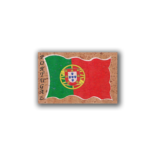 The New Jamp Portuguese Flag - Cork Fridge Magnet features a rectangular image of the flag with a cork-textured background and "PORTUGAL" written vertically, capturing national spirit in a unique Lisbon-inspired design.