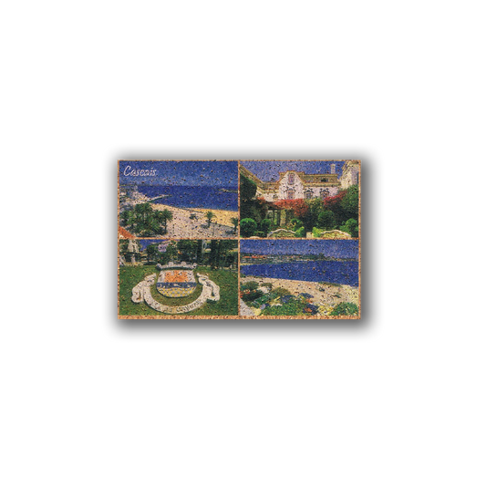 The Featuring Cascais - Cork Fridge Magnet by New Jamp showcases four scenic images—beaches, a pool, and a building—framed in white on black with "Cascais" atop. Includes an eco-friendly cork magnet, perfect for your collection.