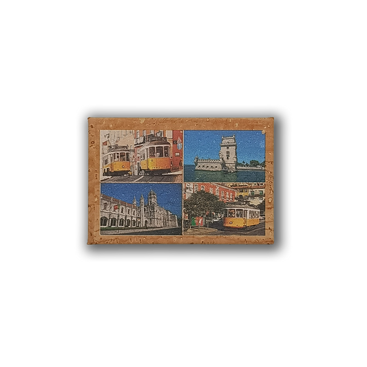 The "Lisbon in photos - Cork Fridge Magnet" by New Jamp features four iconic Lisbon images—vintage yellow trams, Belem Tower, Jerónimos Monastery, and a vibrant street—to celebrate Portugal's tile-making tradition.
