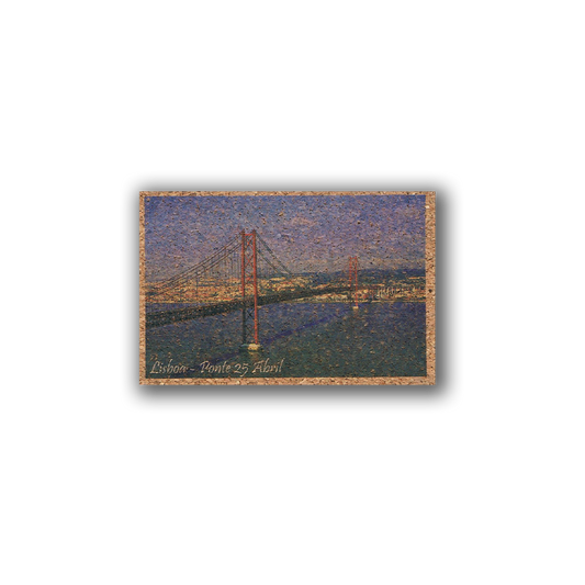 The New Jamp "25ht April - Cork Fridge Magnet" features a postcard-style image of Lisbon’s Ponte 25 de Abril over the river, cityscape in the background, and “Lisbon - Ponte 25 de Abril” on the bottom left, capturing Portuguese charm.