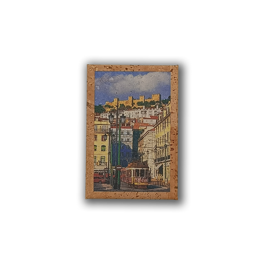 The New Jamp Iconic Tram - Cork Fridge Magnet features a vibrant Lisbon street scene with the Bica Lift, pastel buildings, a hilltop castle, and blue sky, all bordered by an eco-friendly cork frame.