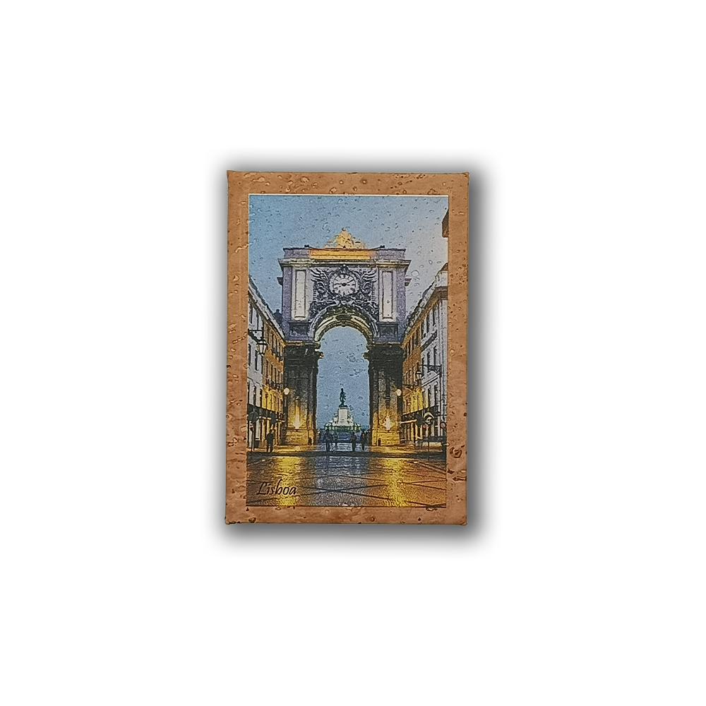 The New Jamp Rua Augusta Arch - Cork Fridge Magnet features Lisbon’s illuminated arch and wet streets at dusk, making it a unique souvenir or memento of your Lisbon tram adventure.