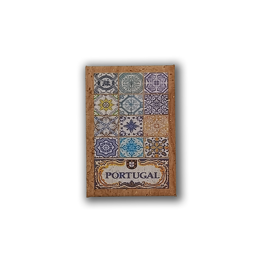 The Tiles - Cork Fridge Magnet by New Jamp is an eco-friendly magnet with vibrant Portuguese tile patterns above "Portugal" and a small coat of arms, all bordered in cork.