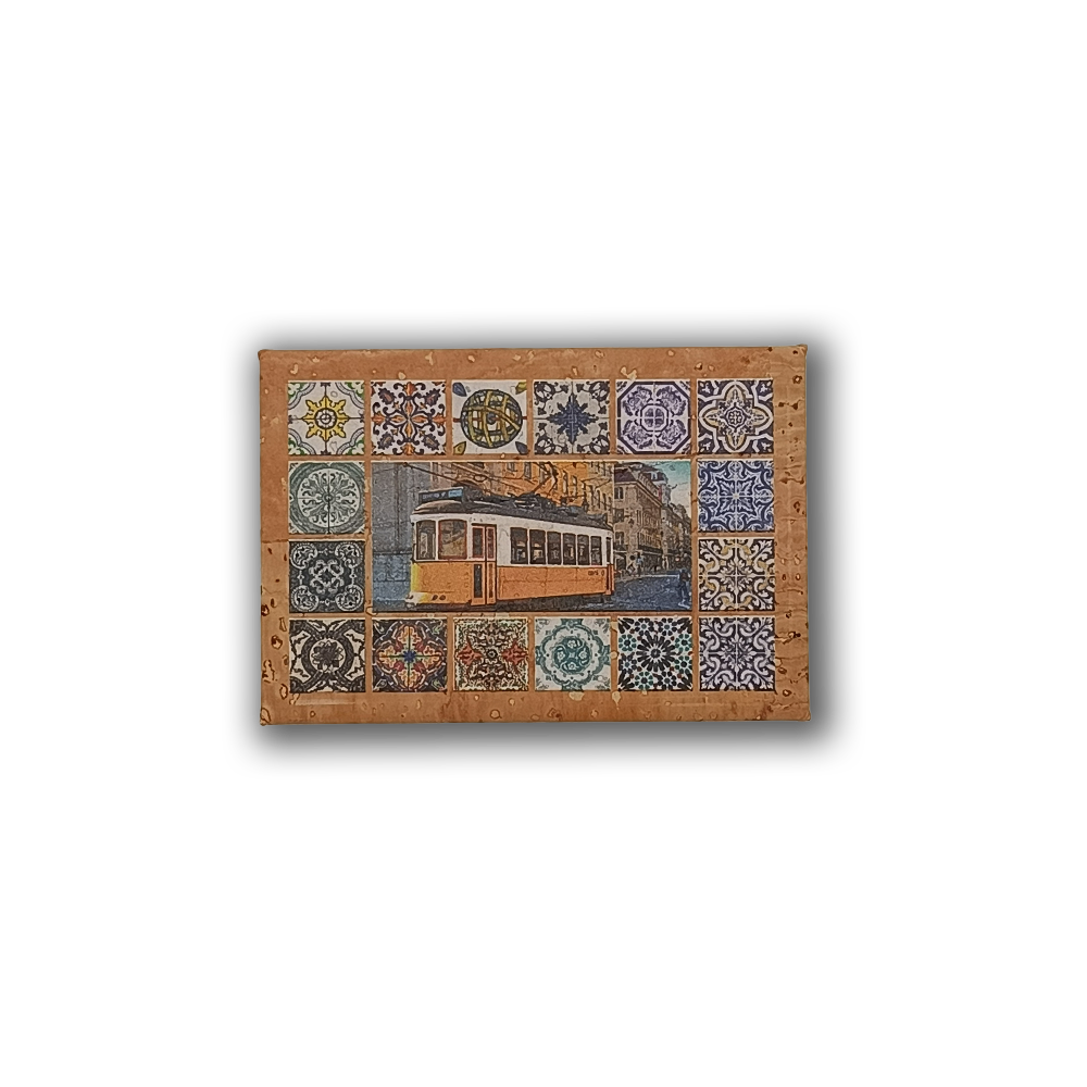 The Tiles & Tram - Cork Fridge Magnet by New Jamp features a yellow tram at its center, framed by vibrant grid patterns inspired by Portugal’s hand-painted tiles, all crafted from eco-friendly cork.