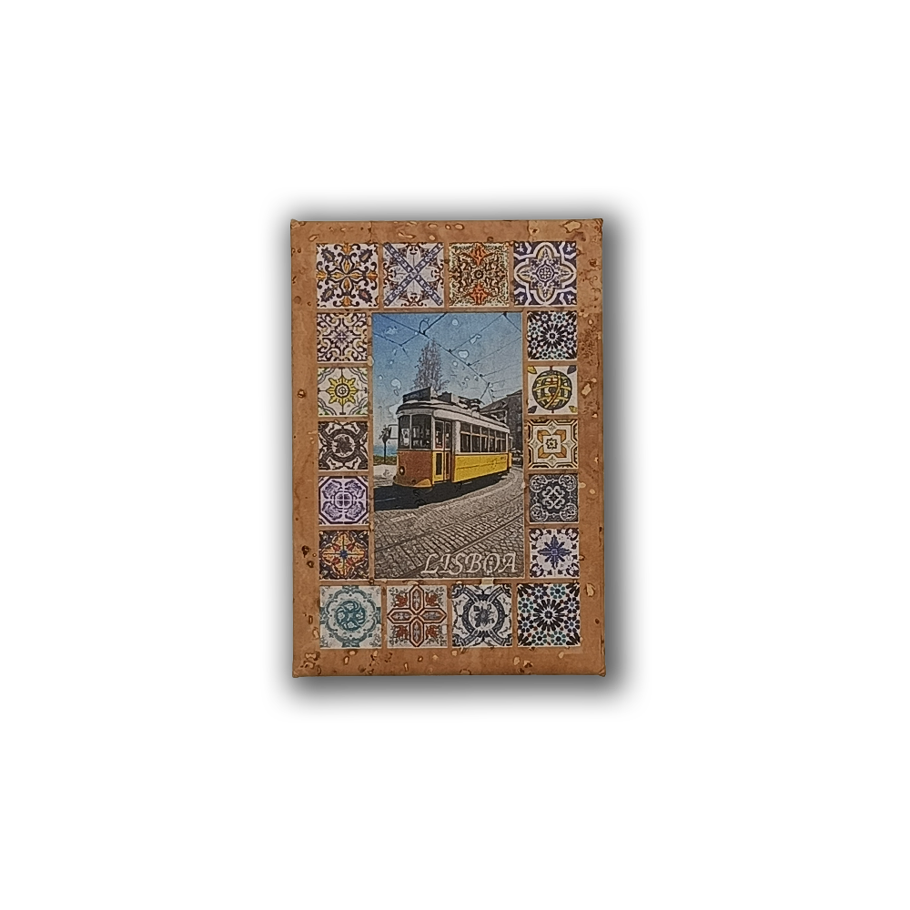 The New Jamp Portuguese Icons & Art cork fridge magnet showcases a classic Lisbon tram, vibrant tiles, and “Lisboa” below, celebrating the city’s cultural heritage.
