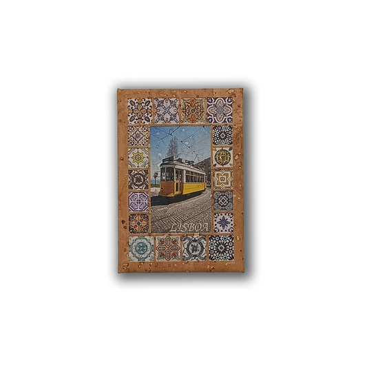 The New Jamp Portuguese Icons & Art cork fridge magnet showcases a classic Lisbon tram, vibrant tiles, and “Lisboa” below, celebrating the city’s cultural heritage.