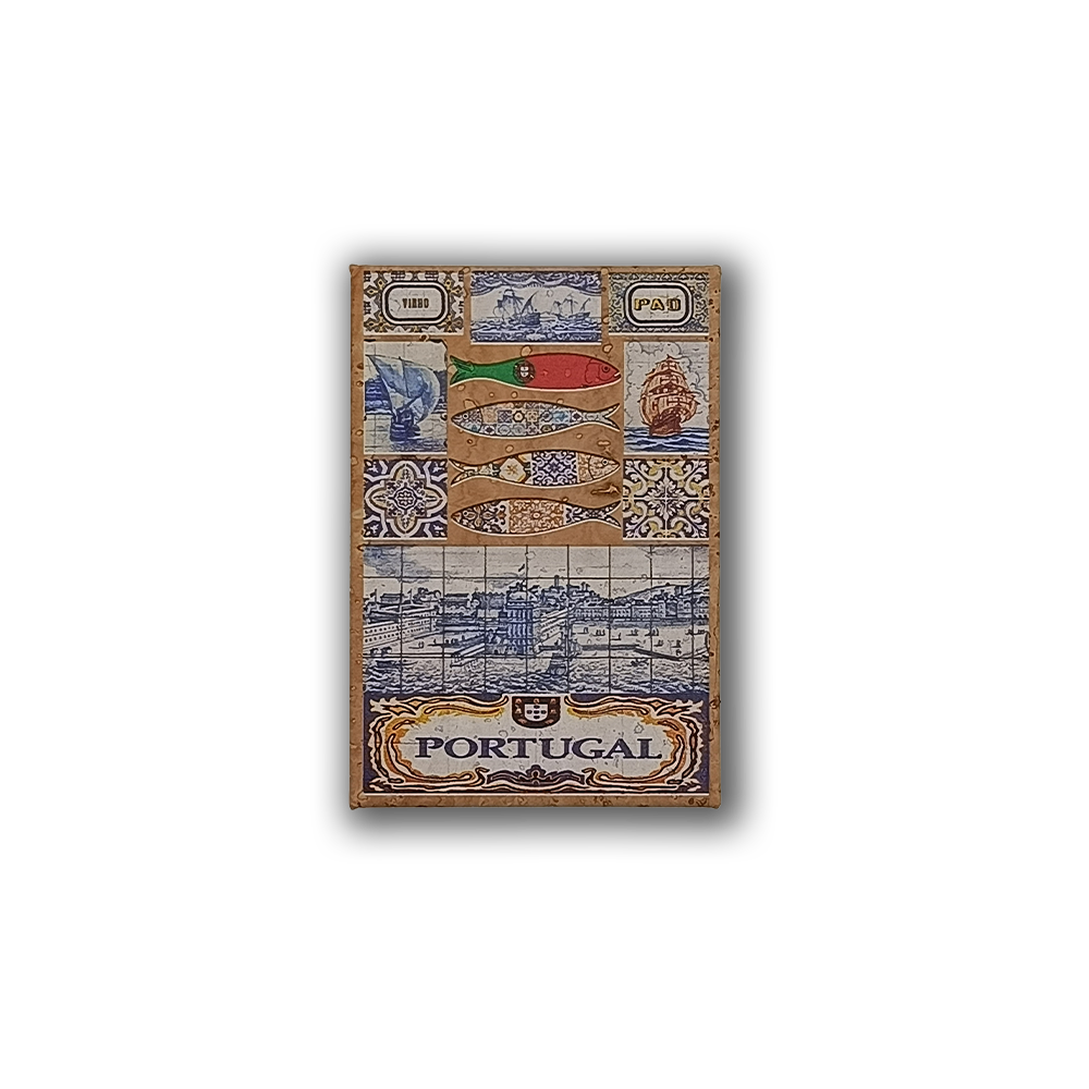 The Tiles and Sardines Cork Fridge Magnet by New Jamp features blue and white Portuguese tiles, a Lisbon tram, sailing ship, flag-colored fish, and scenic art representing Portugal’s culture and heritage.