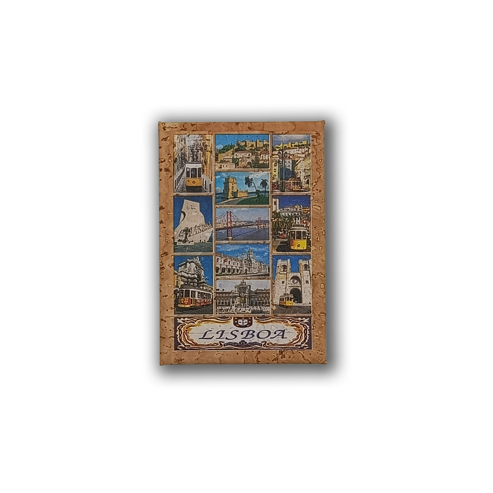 The "Lisbon in Photos" cork fridge magnet by New Jamp features colorful illustrations of Lisbon landmarks, trams, waterfront scenes, and iconic tiles bordered with eco-friendly cork. "Lisboa" appears at the bottom.