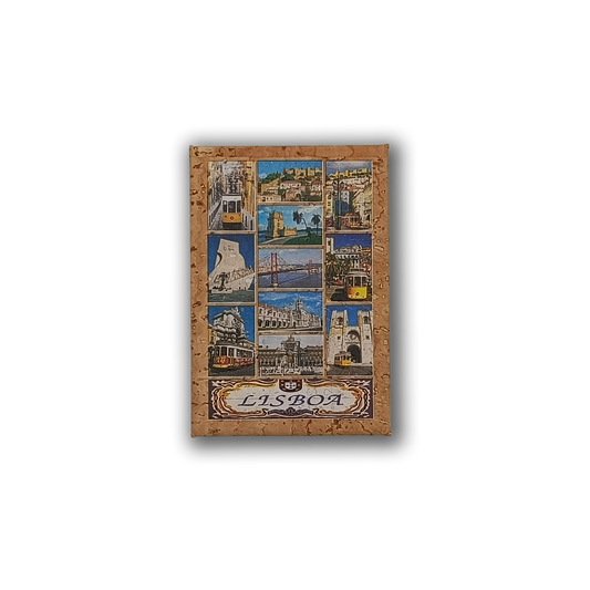 The "Lisbon in Photos" cork fridge magnet by New Jamp features colorful illustrations of Lisbon landmarks, trams, waterfront scenes, and iconic tiles bordered with eco-friendly cork. "Lisboa" appears at the bottom.