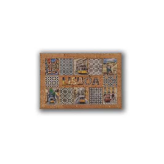 The Tiles & Trams - Cork Fridge Magnet by New Jamp captures Lisbon’s charm with colorful trams, buildings, “LISBOA,” and iconic tile patterns—a perfect rectangular Portuguese souvenir.