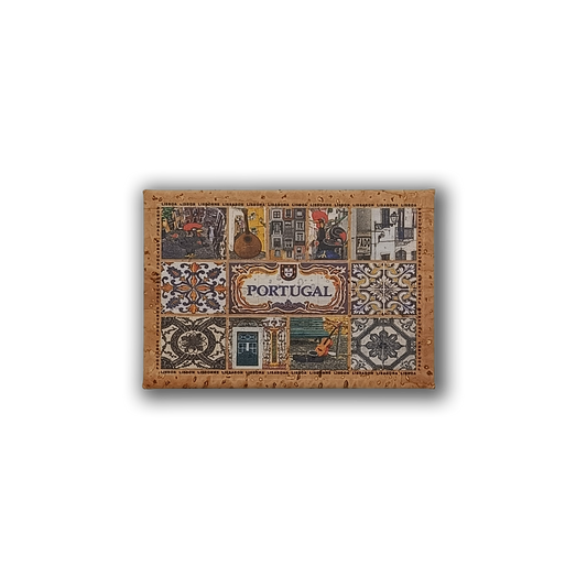 The Lisbon in Images - Cork Fridge Magnet by New Jamp features "Portugal" at the center, surrounded by colorful buildings, guitar, and traditional Lisbon tile-inspired designs—an eco-friendly souvenir.