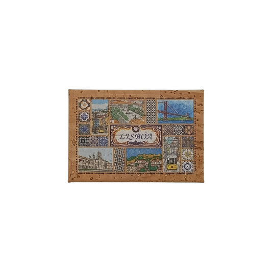 The New Jamp Painting & Tiles - Cork Fridge Magnet features colorful Lisbon landmarks, trams, bridges, and tiles with "Lisboa" in the center—an eco-friendly cork keepsake for your fridge.