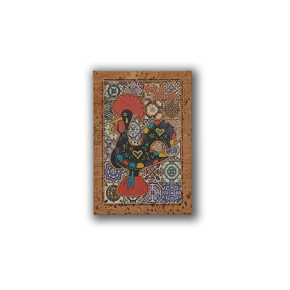 The Rooster on Tiles - Cork Fridge Magnet by New Jamp features a vibrant illustration of the traditional Galo de Barcelos, adorned with hearts and patterns, set against ornate Portuguese tile-inspired backgrounds.