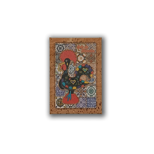 The Rooster on Tiles - Cork Fridge Magnet by New Jamp features a vibrant illustration of the traditional Galo de Barcelos, adorned with hearts and patterns, set against ornate Portuguese tile-inspired backgrounds.