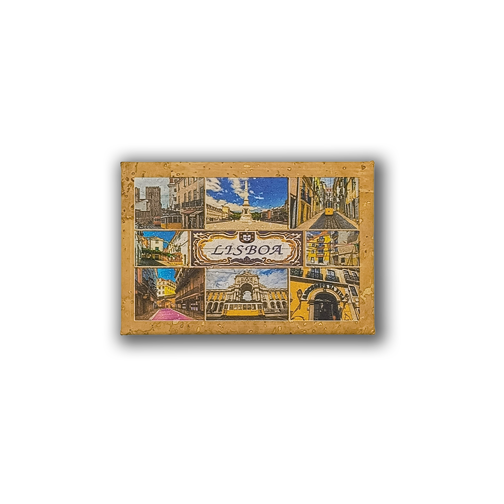 The "Welcome to Lisbon - Cork Fridge Magnet" by New Jamp showcases colorful Lisbon street and landmark illustrations, framed in cork with "Lisboa" prominently highlighted at the center—perfect for adding Portuguese flair to your fridge.