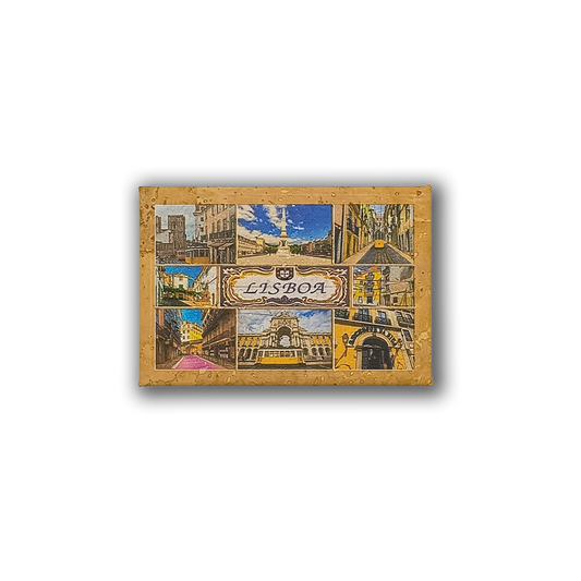 The "Welcome to Lisbon - Cork Fridge Magnet" by New Jamp showcases colorful Lisbon street and landmark illustrations, framed in cork with "Lisboa" prominently highlighted at the center—perfect for adding Portuguese flair to your fridge.