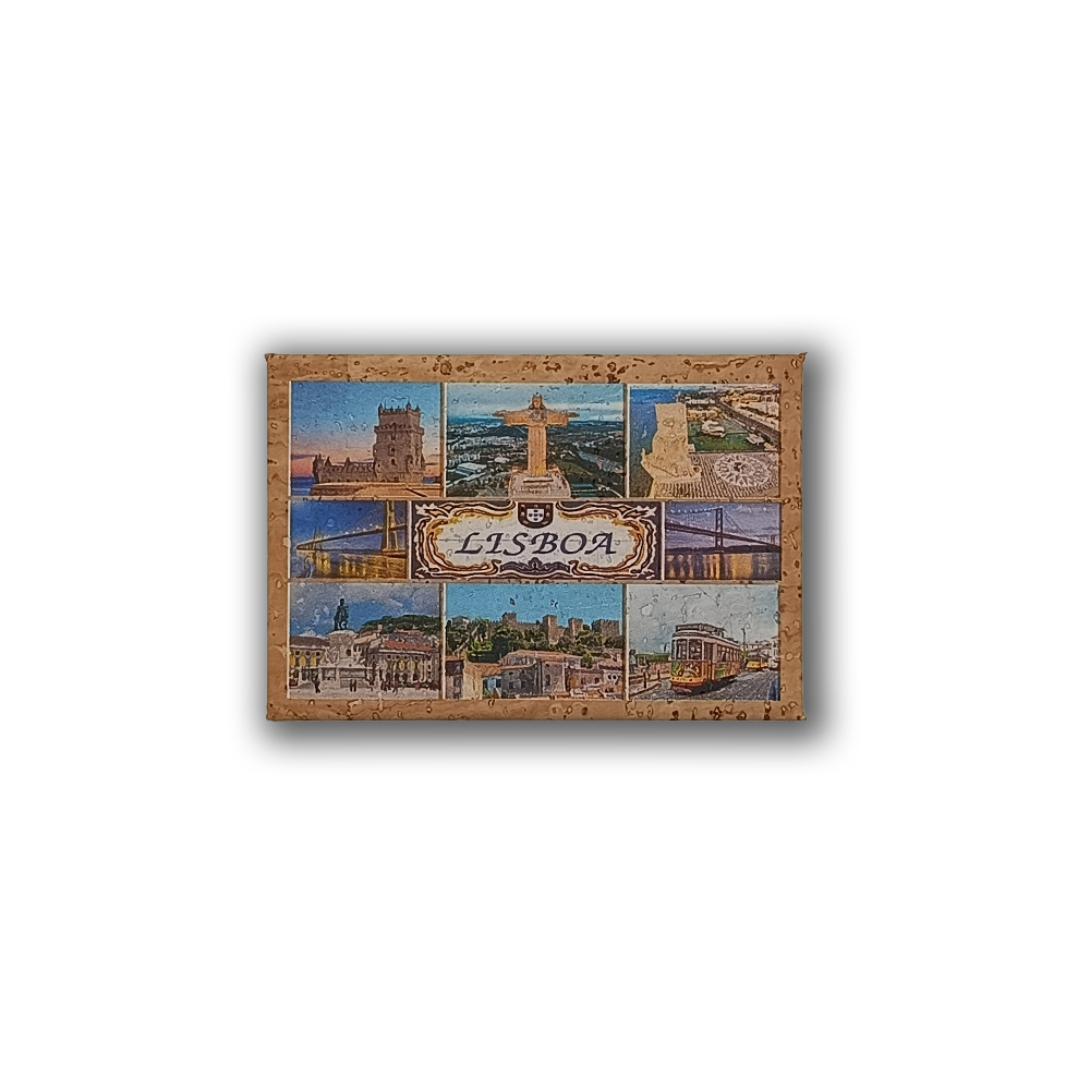 The New Jamp "Lisbon Memories" cork fridge magnet features colorful illustrations of Lisbon’s landmarks, trams, tiles, and city views with “Lisboa” at the center. Eco-friendly and stylish souvenir!.