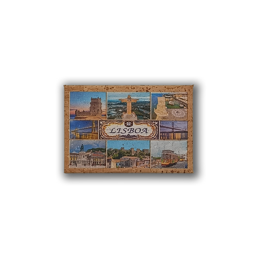 The New Jamp "Lisbon Memories" cork fridge magnet features colorful illustrations of Lisbon’s landmarks, trams, tiles, and city views with “Lisboa” at the center. Eco-friendly and stylish souvenir!.