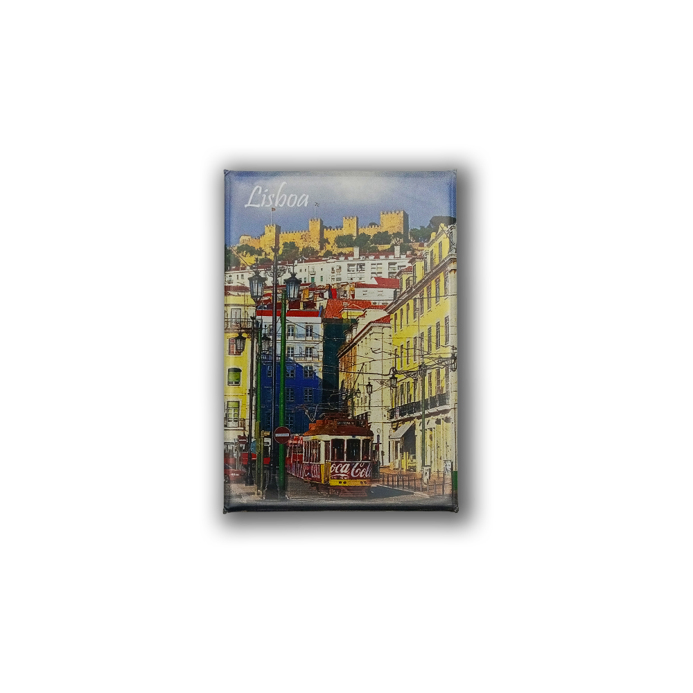 The St. Jorge Castel - Fridge Magnet by New Jamp features a colorful Lisbon street scene with a yellow tram, vibrant buildings, São Jorge Castle on the hilltop, and "Lisboa" at the top—an ideal souvenir for your fridge.