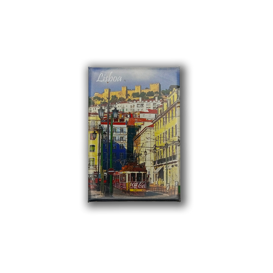 The St. Jorge Castel - Fridge Magnet by New Jamp features a colorful Lisbon street scene with a yellow tram, vibrant buildings, São Jorge Castle on the hilltop, and "Lisboa" at the top—an ideal souvenir for your fridge.