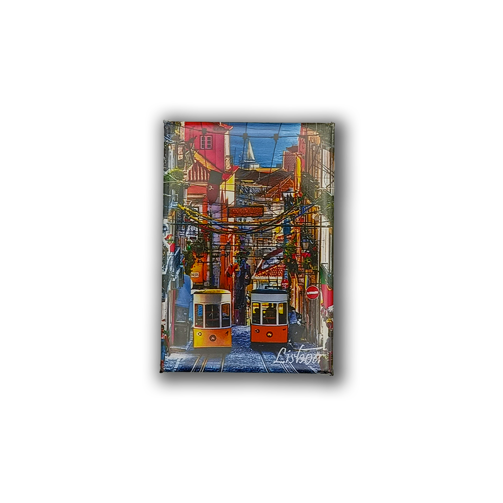 The Lisbon Iconic Trams - Fridge Magnet by New Jamp features a vibrant street scene with two yellow and orange trams, colorful buildings, laundry, and city wires—capturing the lively urban charm of Lisbon for your fridge.