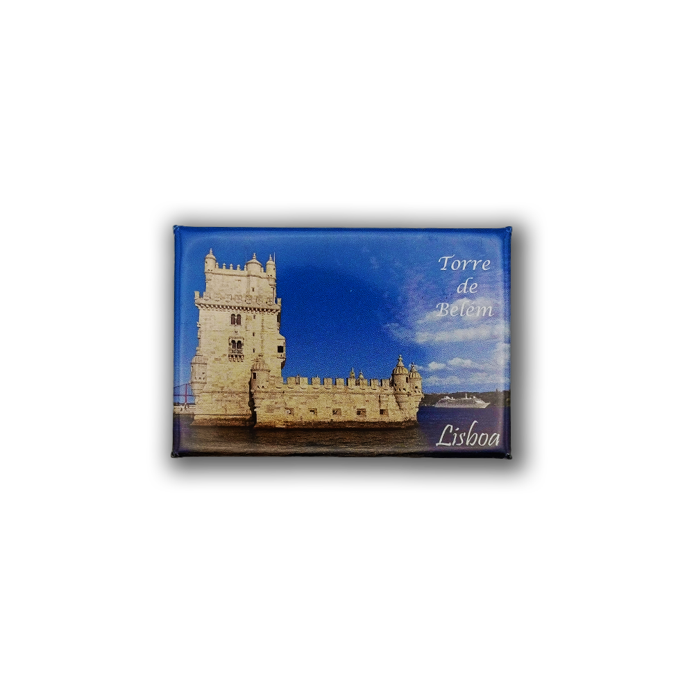 The New Jamp Tower of Belém - Fridge Magnet displays a photo of Lisbon's Belém Tower under a blue sky, with "Torre de Belém" and "Lisboa" in white text on the upper right corner.